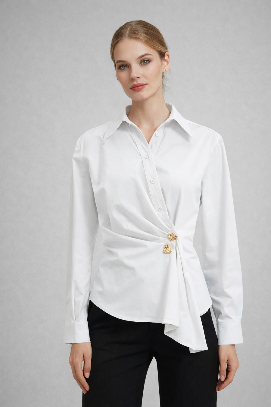 A95069 DRAPE FRONT BUTTON DOWN TOP (BLU,WHT)