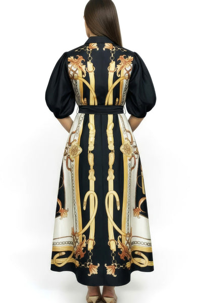A95138 CHAIN PRINT PUFF SLEEVE MAXI DRESS