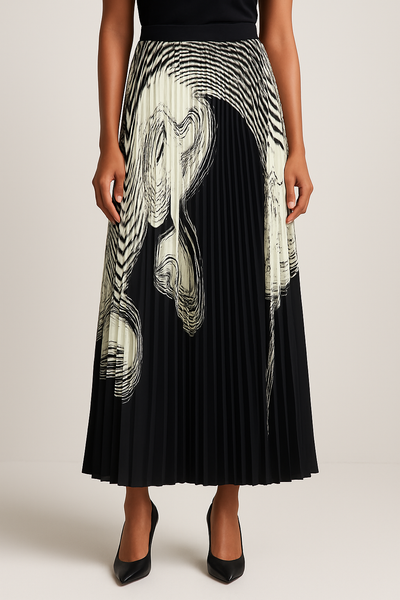 X7793B ABSTRACT PRINT PLEATED SKIRT