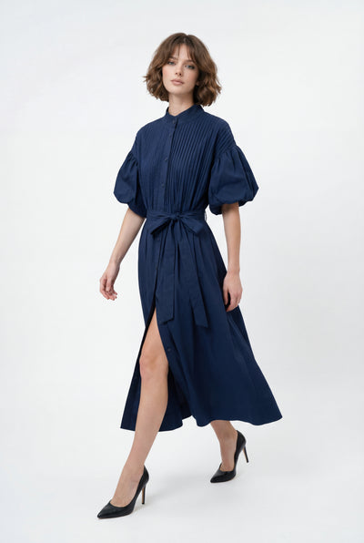 S3112 PLEATED BODICE COTTON BLEND DRESS (NAVY, WHT)