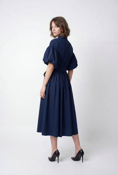 S3112 PLEATED BODICE COTTON BLEND DRESS (NAVY, WHT)