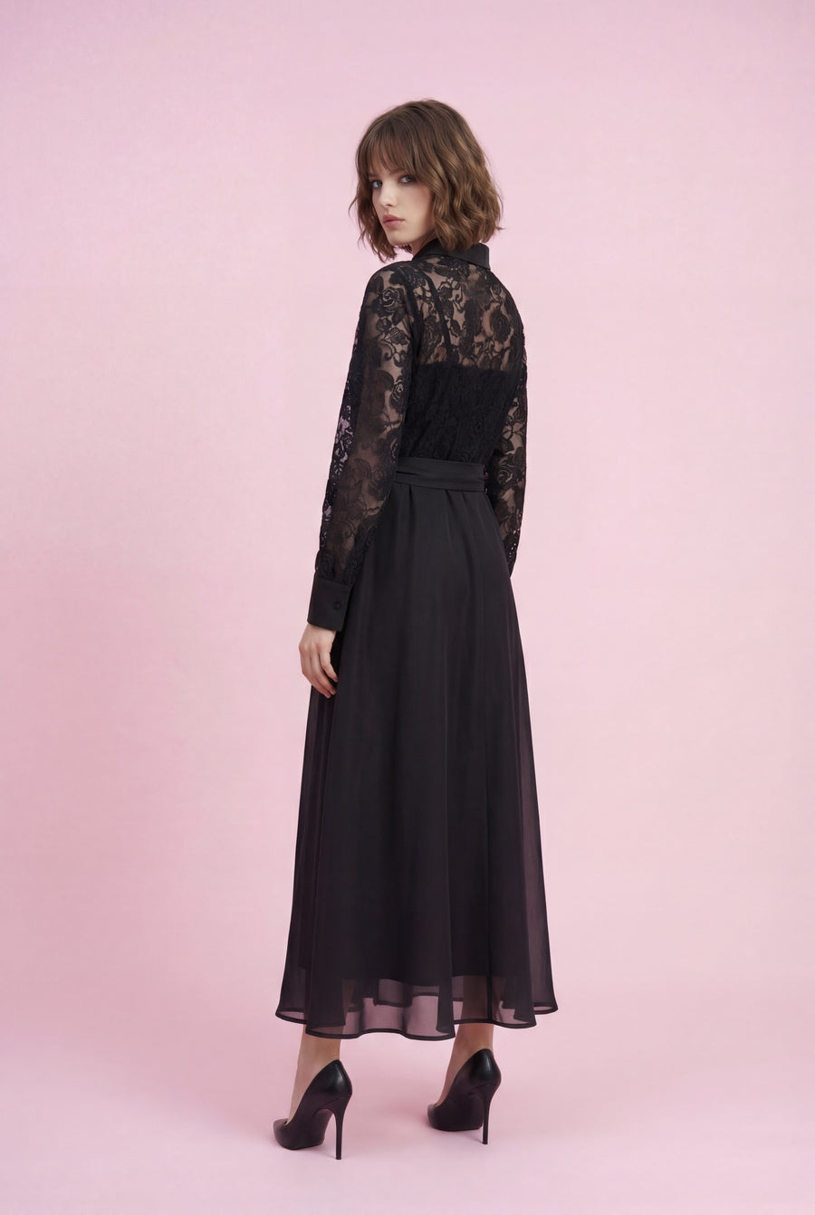 CH8001 SHEER LACE BUTTON-DOWN SHIRT MAXI DRESS