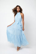 C3561 TIERED HALTER MAXI DRESS (BLU, PNK)