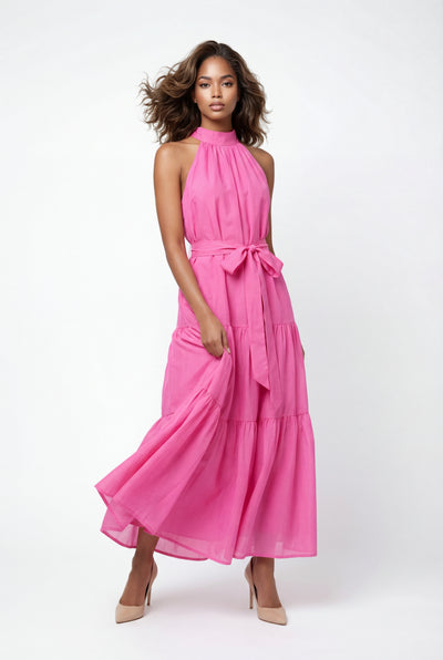 C3561 TIERED HALTER MAXI DRESS (BLU, PNK)