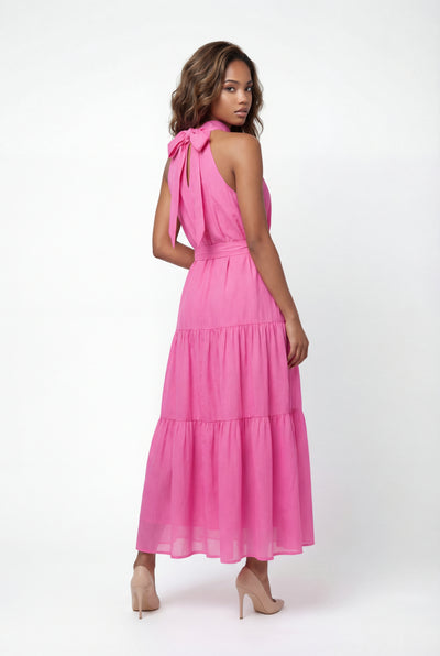 C3561 TIERED HALTER MAXI DRESS (BLU, PNK)