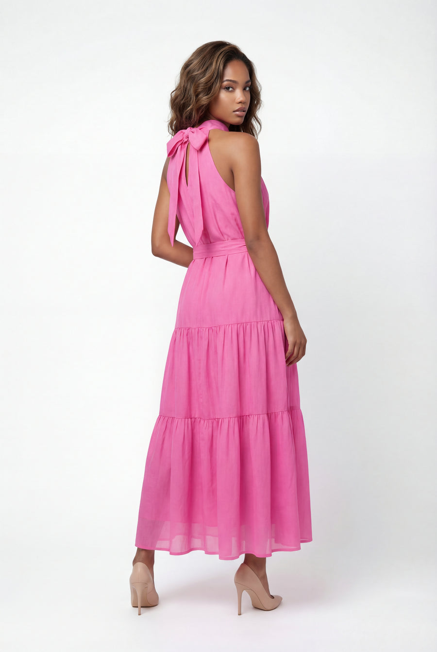 C3561 TIERED HALTER MAXI DRESS (BLU, PNK)