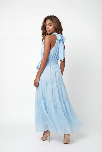 C3561 TIERED HALTER MAXI DRESS (BLU, PNK)