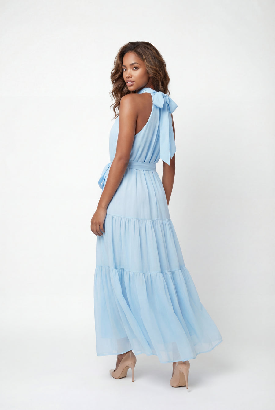 C3561 TIERED HALTER MAXI DRESS (BLU, PNK)