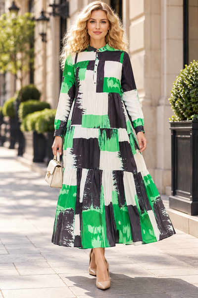 W5050 ABSTRACT COLORBLOCK TIERED MAXI DRESS (PINK, GRN)