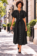 W5071 PUFF SLEEVE BUTTON DOWN MAXI DRESS (BLK, GRN, WHT)