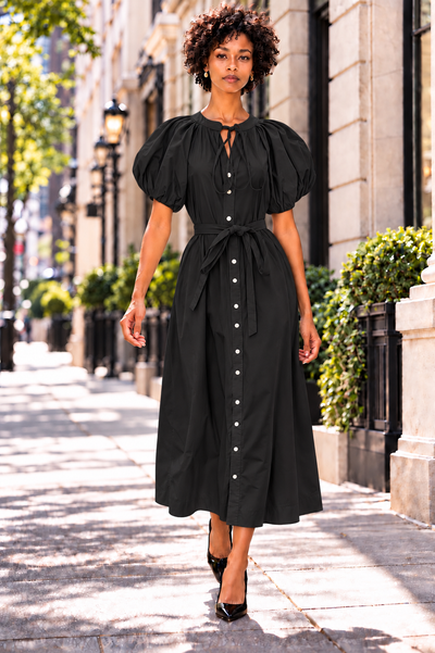W5071 PUFF SLEEVE BUTTON DOWN MAXI DRESS (BLK, GRN, WHT)