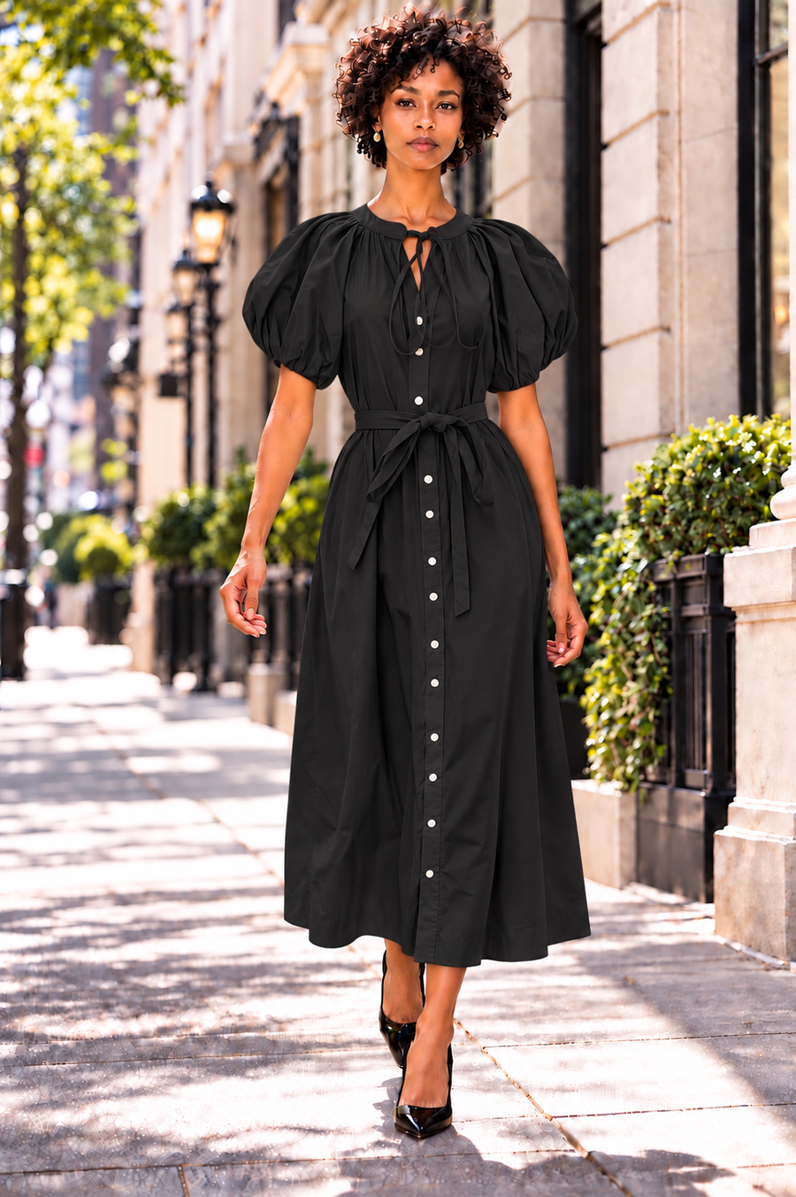 W5071 PUFF SLEEVE BUTTON DOWN MAXI DRESS (BLK, GRN, WHT)