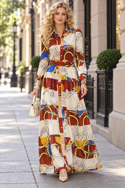 A92133B EQUESTRIAN PRINT BELTED MAXI SHIRT DRESS (XXL, XXXL)