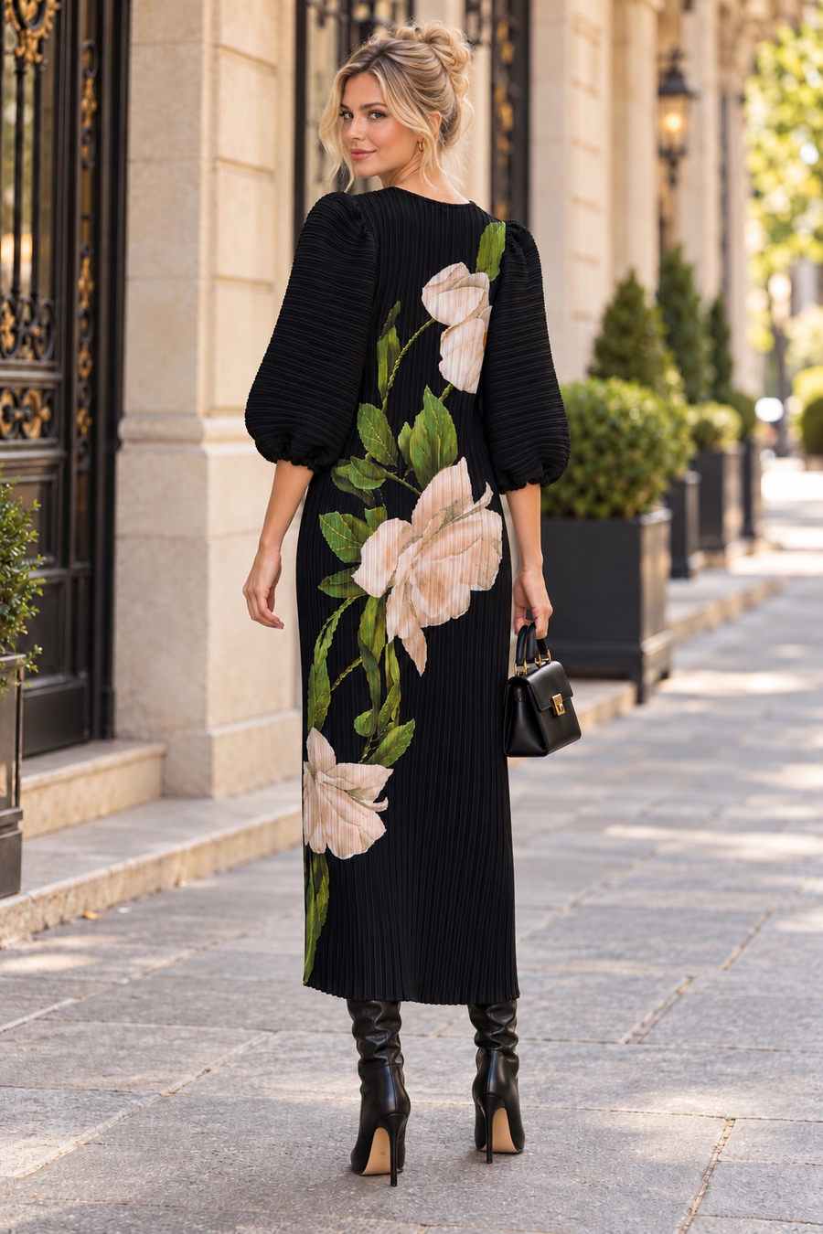 N2556 PUFF SLEEVE CRINKLED MAXI DRESS
