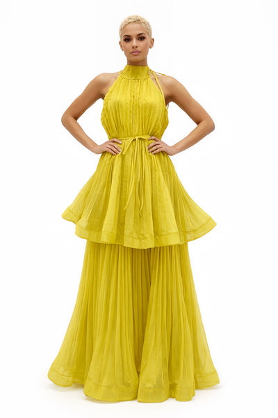 GF1623 PLEATED TIERED HALTER MAXI DRESS (RED, YEL, BLU, WHT)