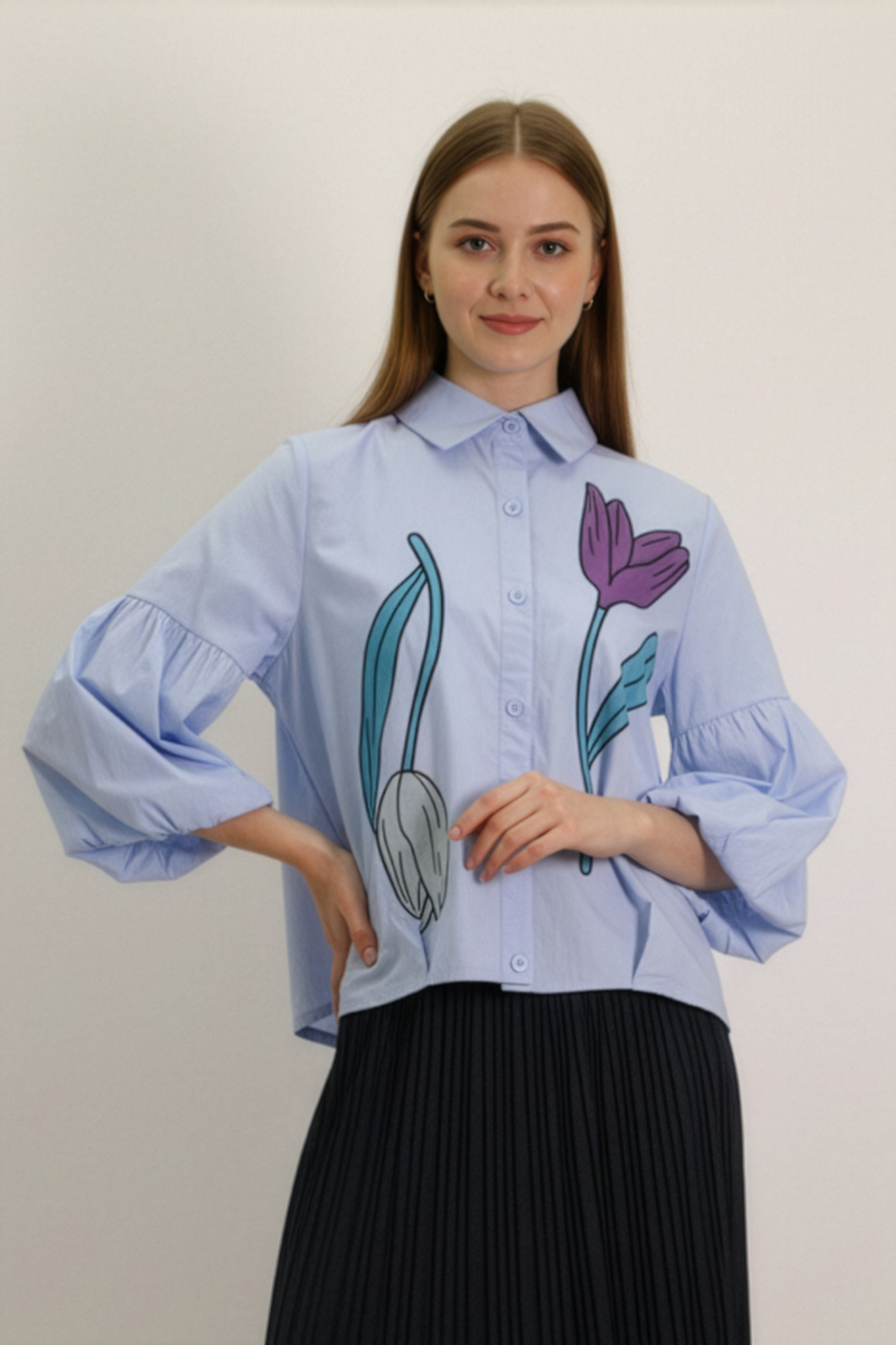 CH0229A POPLIN PUFF-SLEEVE TOP