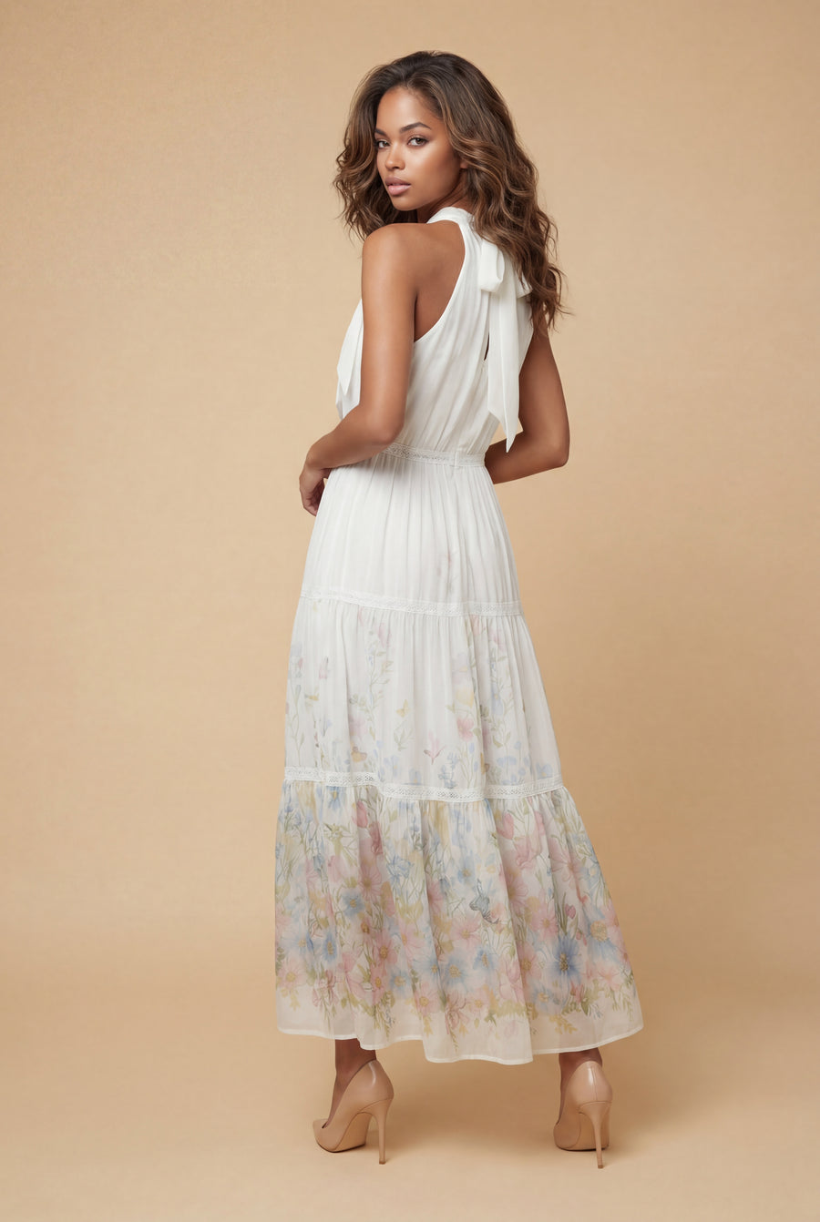 CH0226 TIE-NECK TIERED MAXI DRESS