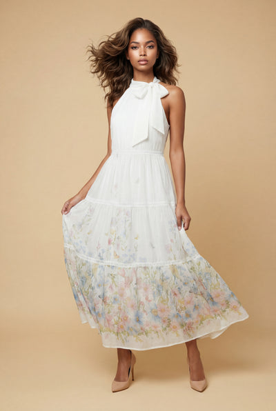 CH0226 TIE-NECK TIERED MAXI DRESS