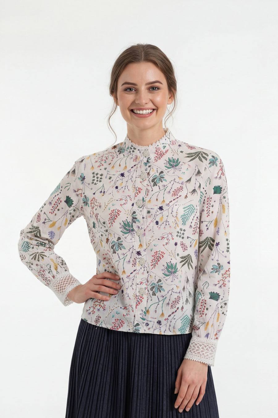 CH0241 FLORAL PRINT LACE CUFFS TOP