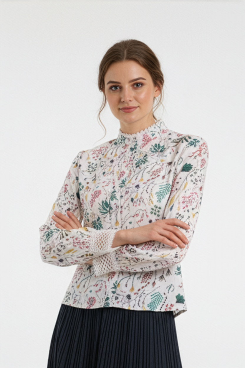 CH0241 FLORAL PRINT LACE CUFFS TOP