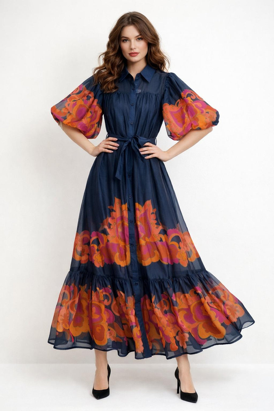 CH0251 SUNSET ORGANZA PUFF SLEEVE MAXI DRESS