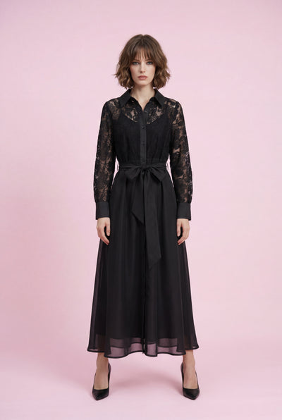 CH8001 SHEER LACE BUTTON-DOWN SHIRT MAXI DRESS