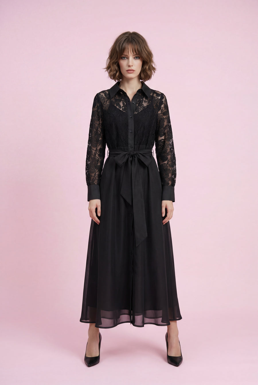 CH8001 SHEER LACE BUTTON-DOWN SHIRT MAXI DRESS