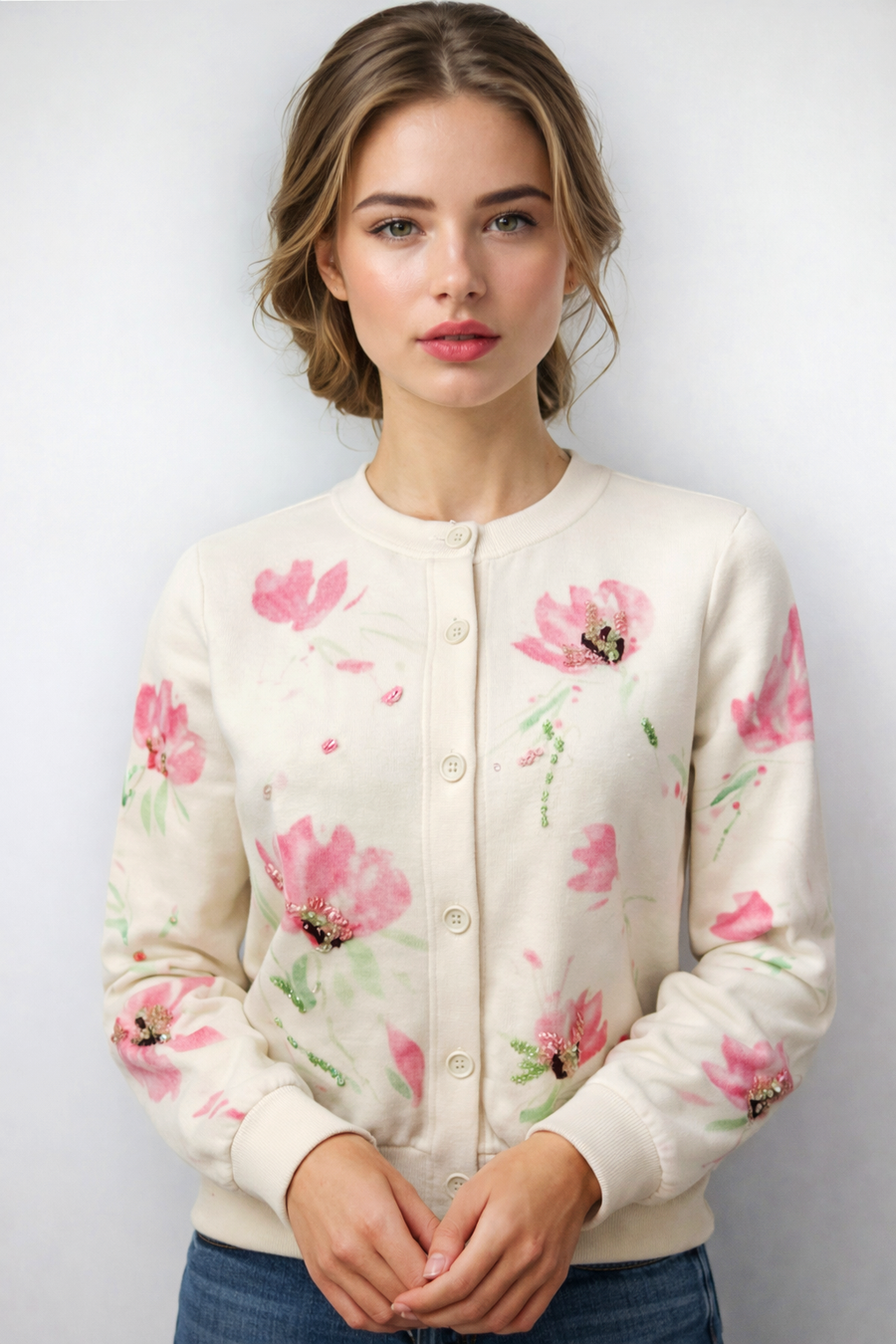 X8043 DELICATE FLORAL CARDIGAN SWEATER