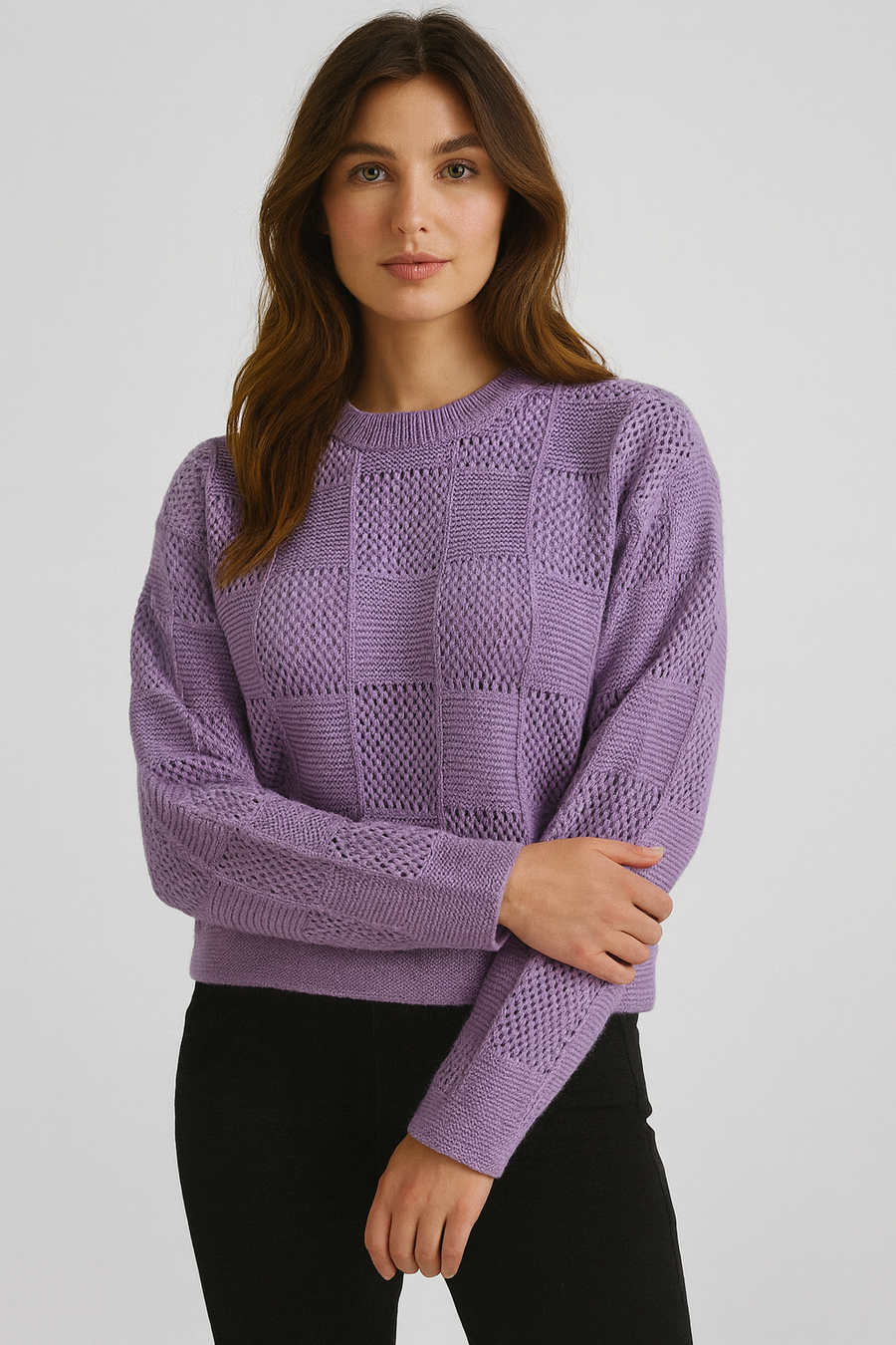 ZL522 TEXTURED CHECK KNIT SWEATER (BLUE, LAV)