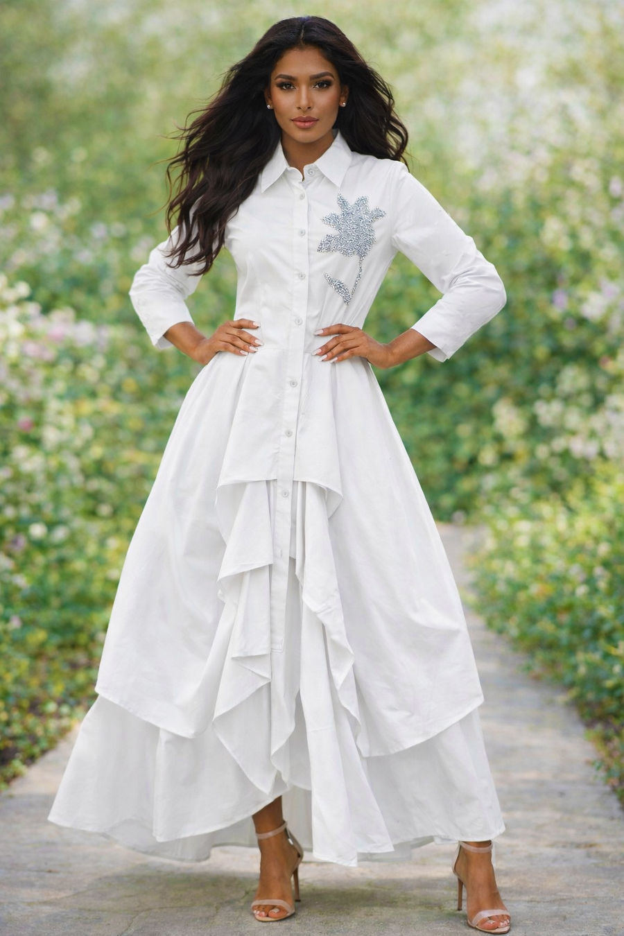 S3135 CASCADE DRAPE APPLIQUE MAXI DRESS