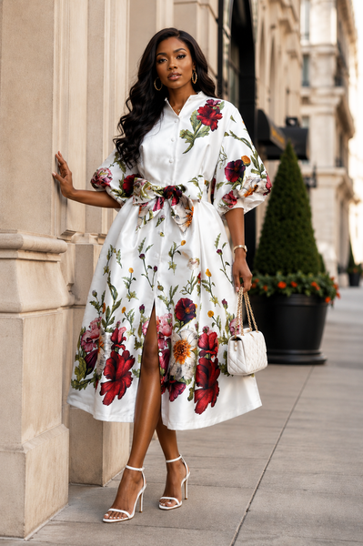 A96229 BOTANICAL PRINT PUFF SLEEVE MIKADO MAXI DRESS
