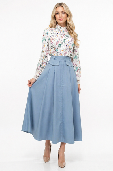 NY0046 A- LINE PLEATED LONG SKIRT (BLK, BLUE)
