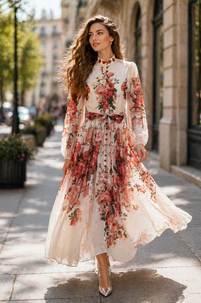 GF1768 BAND COLLAR ORGANZA BUTTTON DOWN MAXI DRESS