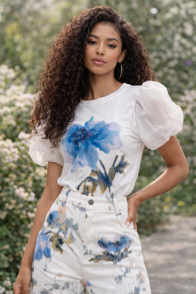 B1125 FLOWER PRINT PUFF SLEEVE TOP (PNK, BLU)