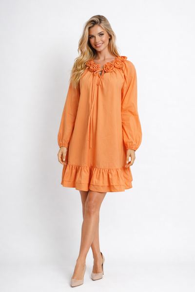 T25038 FLORAL NECKLINE MINI DRESS (ORG, BLU)