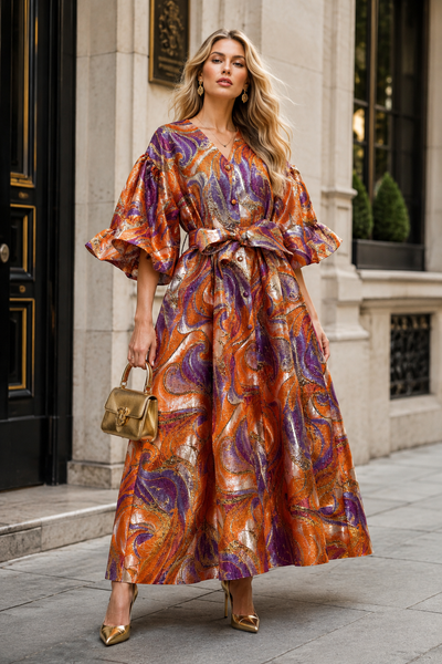 A96216 ROYAL SUNSET BROCADE MAXI DRESS