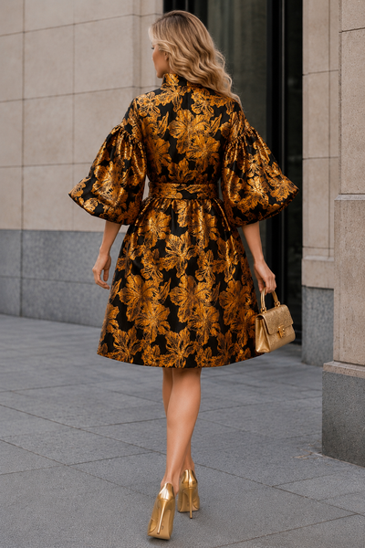 A96213 GOLDEN FLORAL PRINT BROCADE PUFF SLEEVE MIDI DRESS