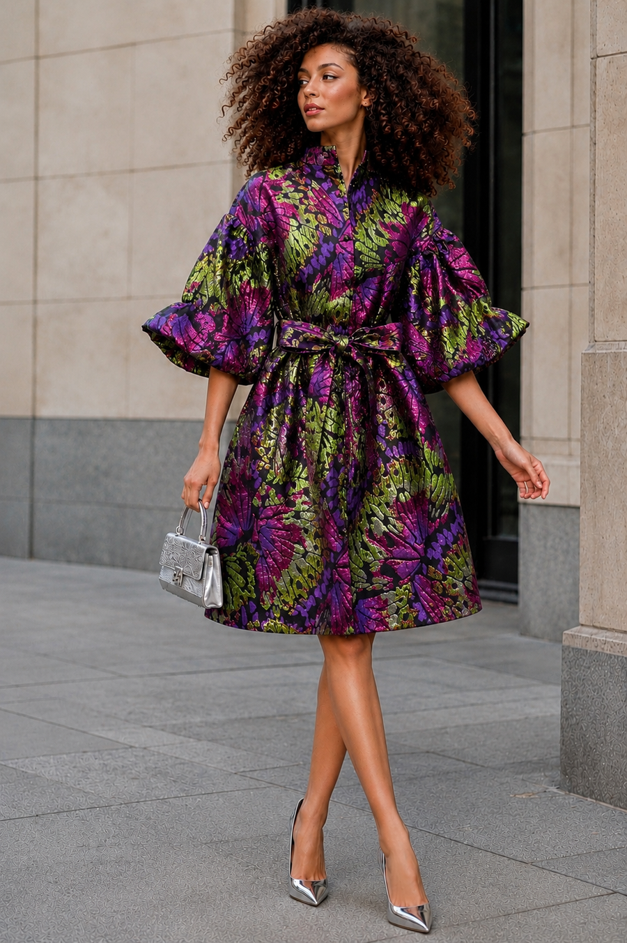 A96211 IRIDESCENT BROCADE PUFF SLEEVE MIDI DRESS