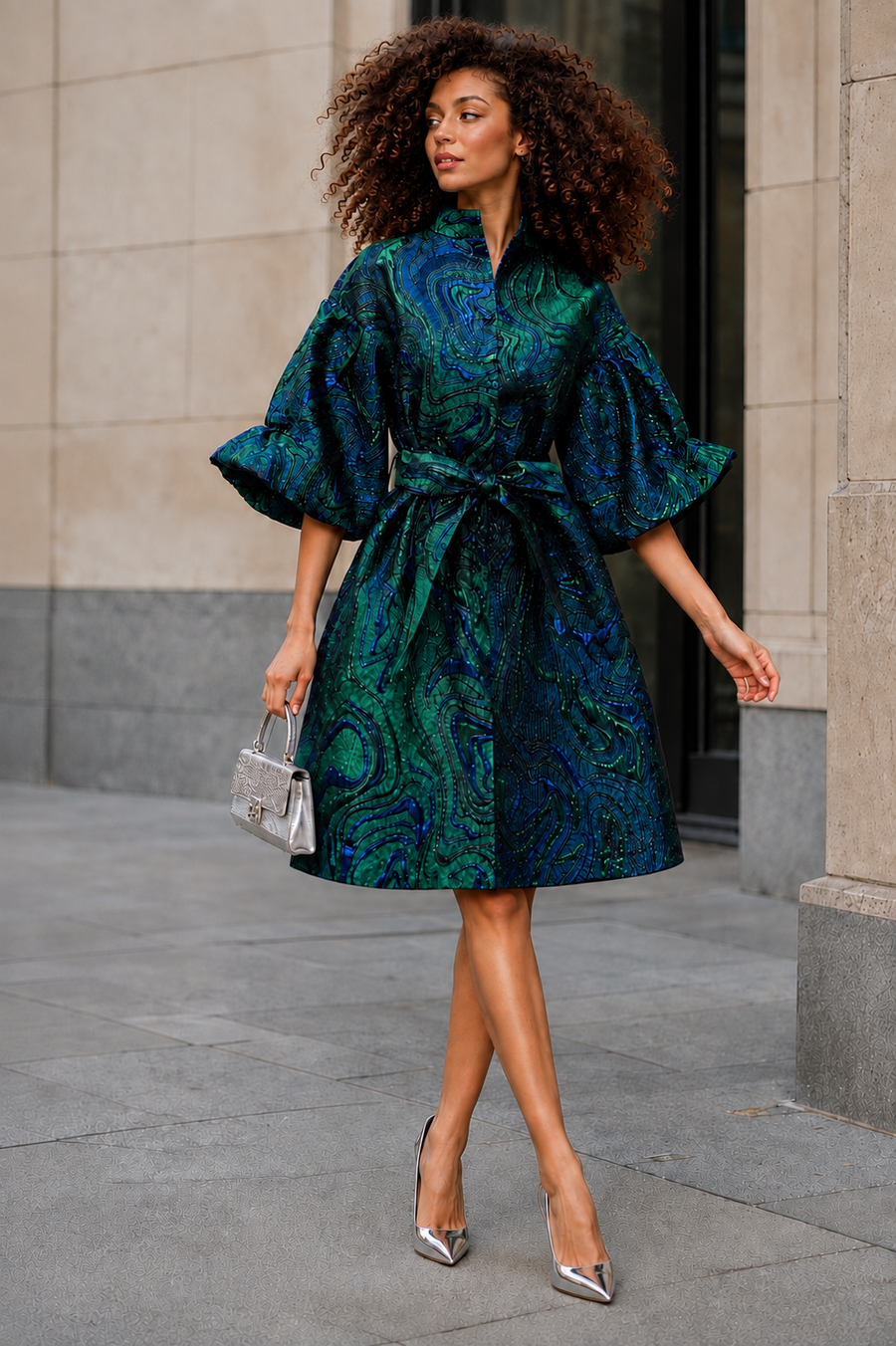 A96212 PEACOCK BROCADE PUFF SLEEVE MIDI DRESS