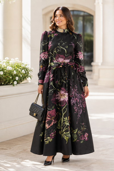 GF17923 DARK FLORAL TIE-WAIST MAXI DRESS