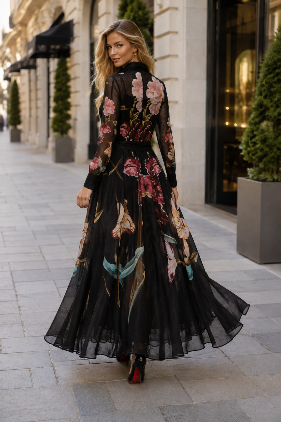 GF1466 MIDNIGHT HABISCUS ORGANZA MAXI DRESS- for mel