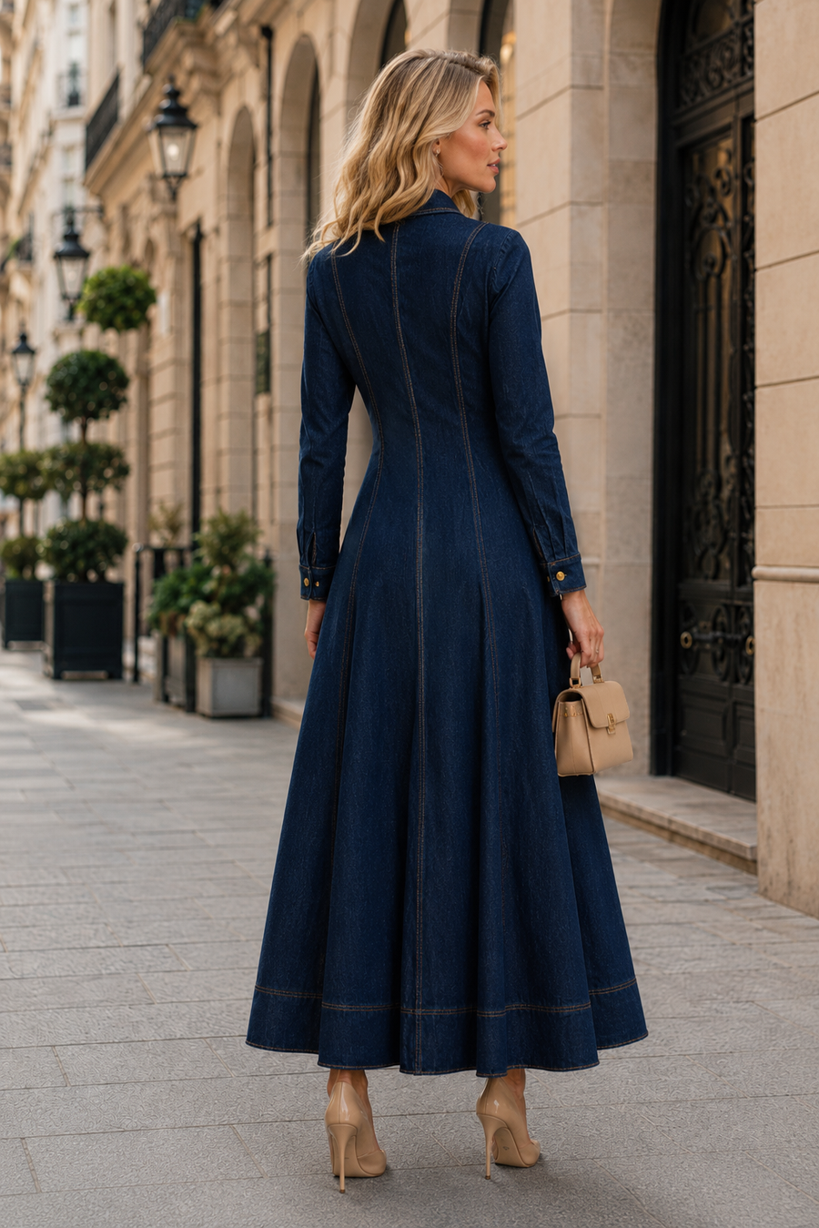 W6621  LONG-SLEEVE DENIM A-LINE MAXI DRESS
