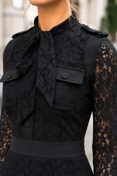 B1126 LACE TIE-NECK MIDI DRESS