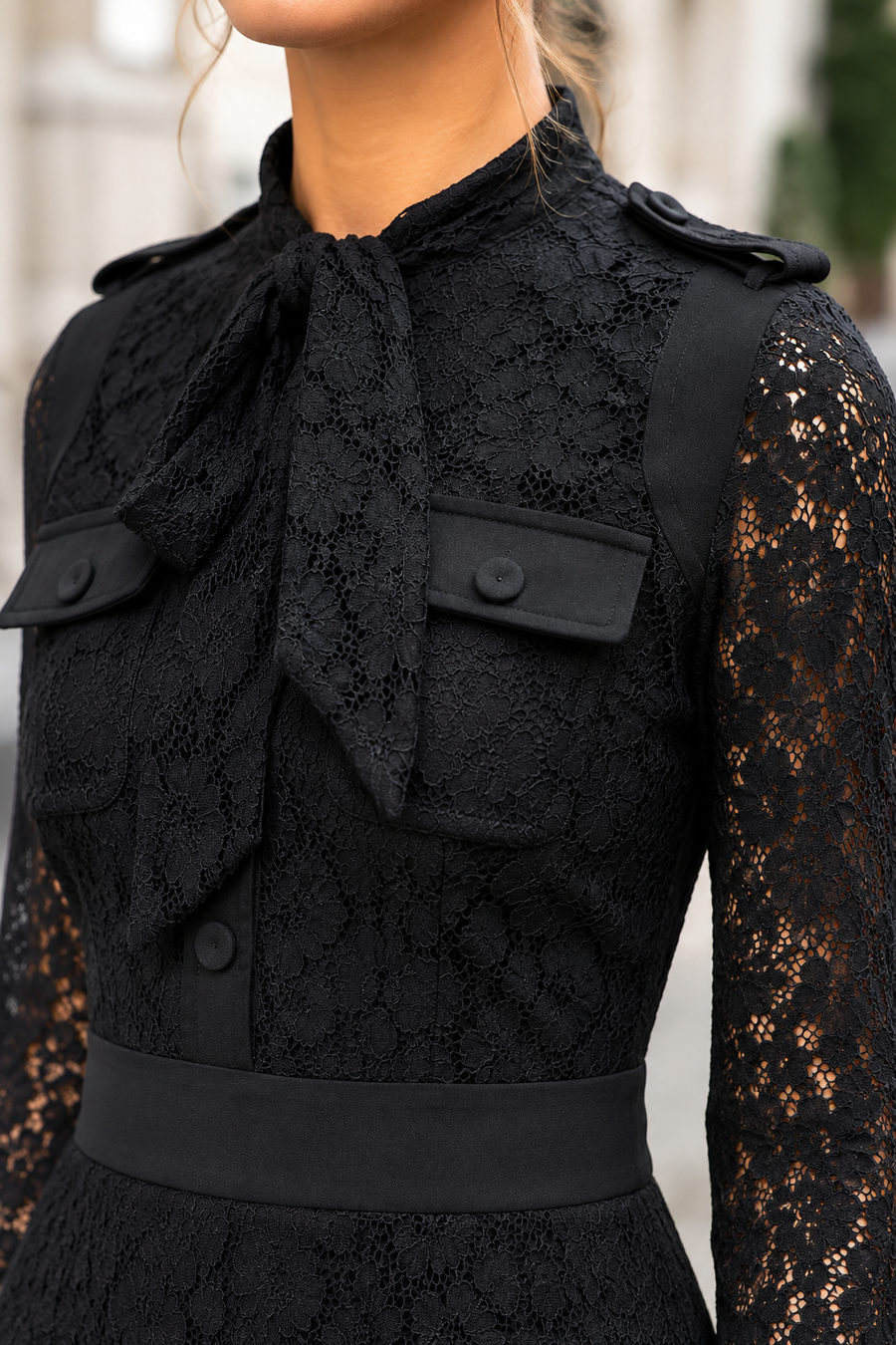 B1126 LACE TIE-NECK MIDI DRESS