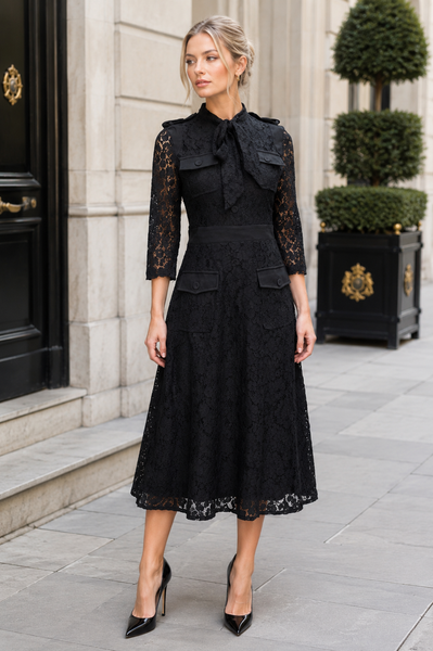 B1126 LACE TIE-NECK MIDI DRESS