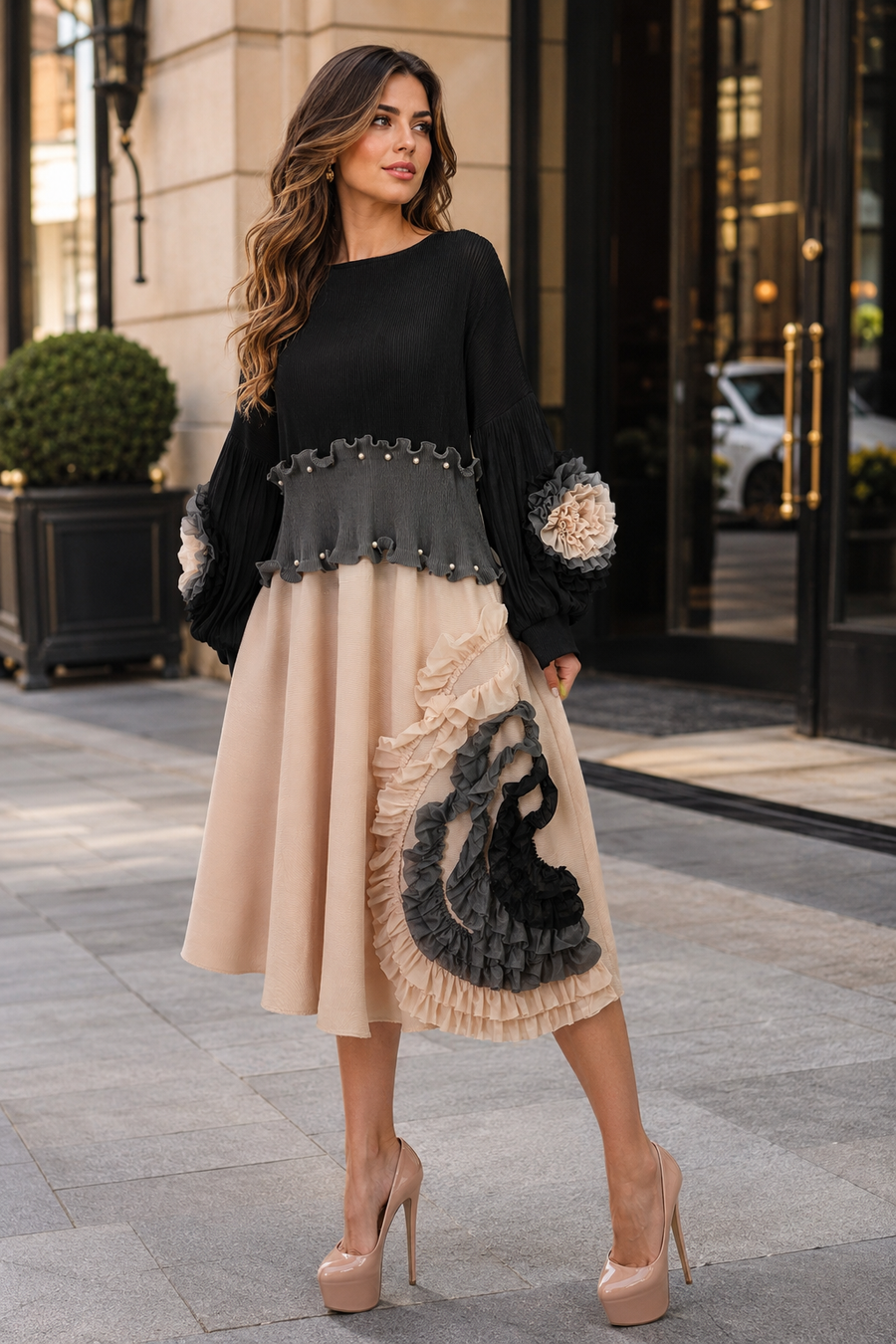 NY0082 PEARL-TRIM RUFFLE CRINKLE MIDI DRESS