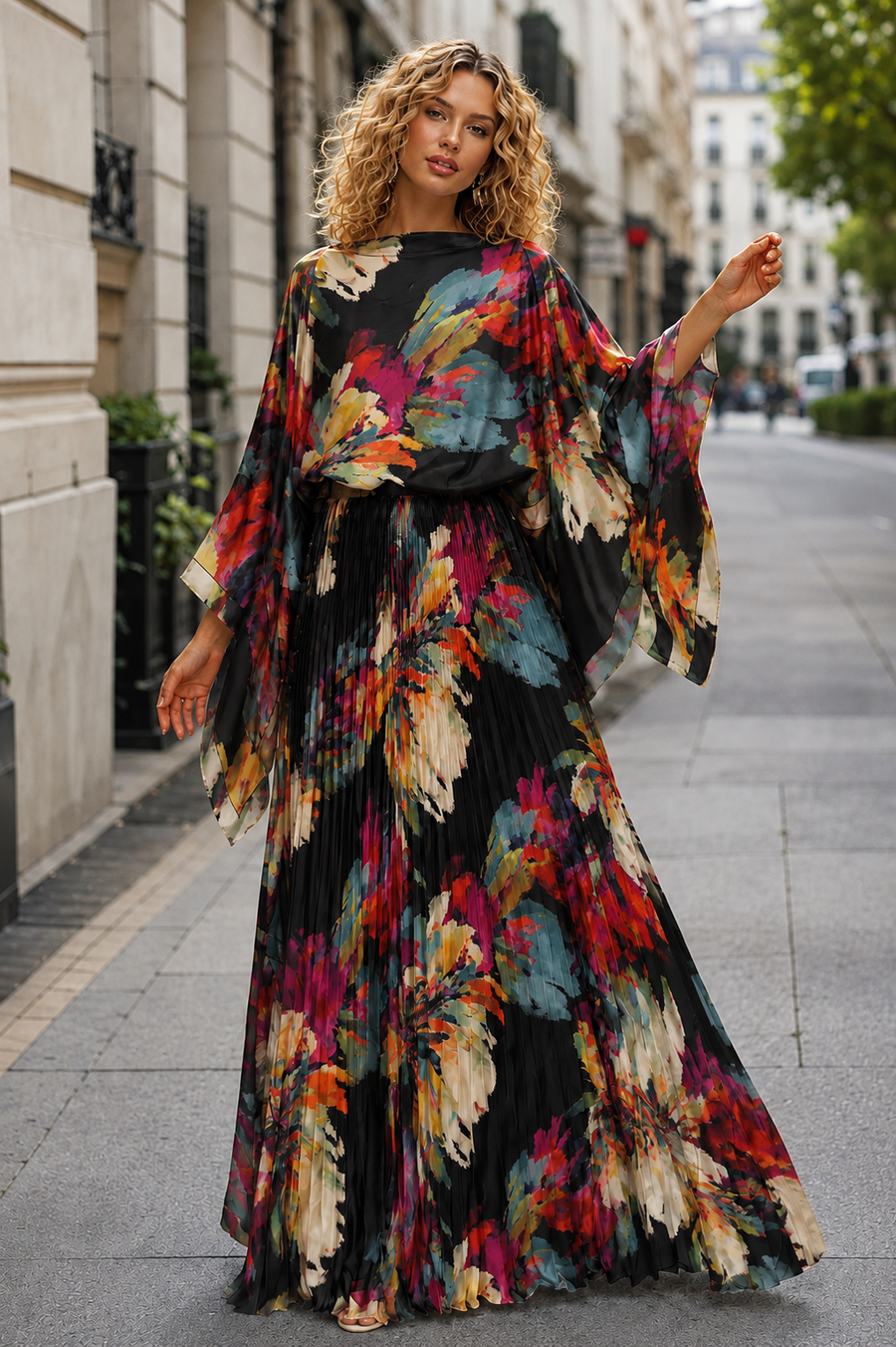 H6819 ABSTRACT FLORAL KIMONO-SLEEVE TOP & SKIRT SET