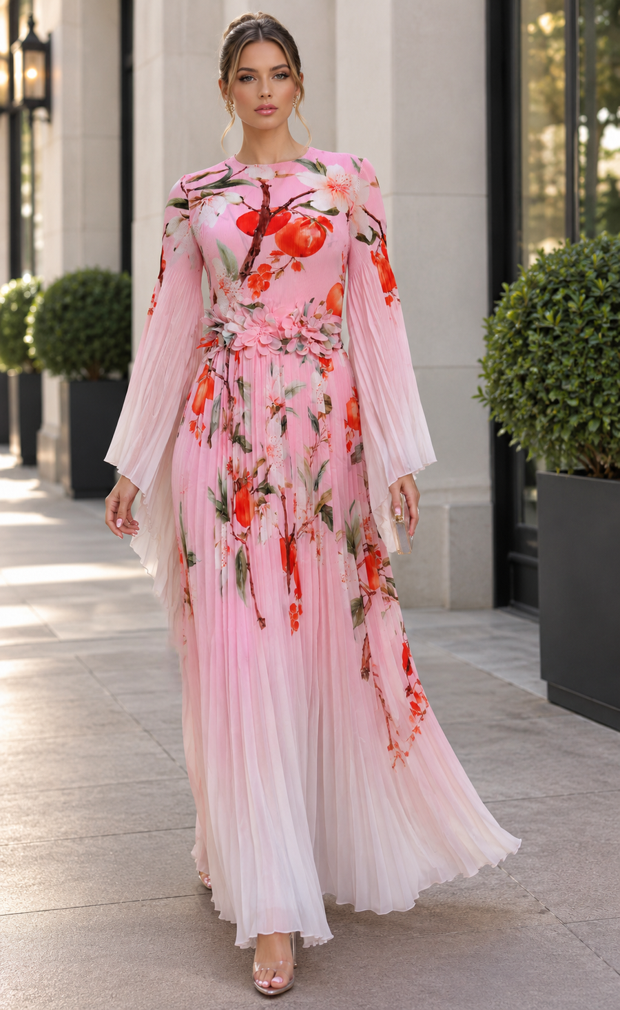 NY0093 ORANGE BLOSSOM PLEATED MAXI DRESS