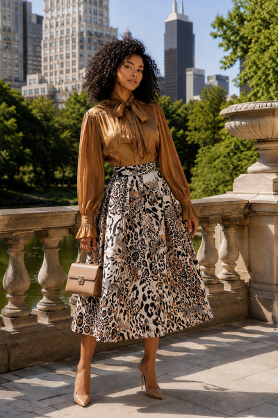 CH805 PLEATED SAFARI PRINT MIDI SKIRT