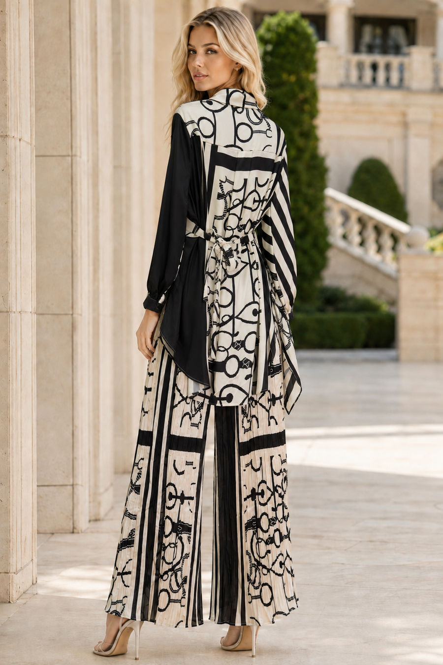 C3178 ABSTRACT PRINT PLEATED WIDE-LEG PANT SET